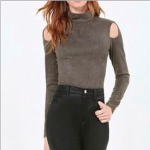 Bebe | Suede Mock Neck Shoulder Cutout Long Sleeve Top